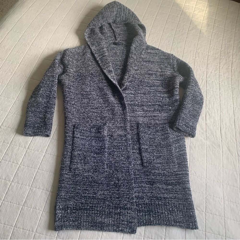Barefoot Dreams CozyChic Knit Womens Sz M Hooded Open Front Cardigan Blue Gray